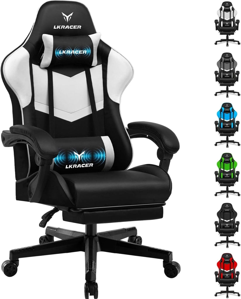 Sedia da gioco con poggiapiedi, ergonomica, con cuscino lombare regolabile, cuscino da gaming, sedia da gamer, altezza regolabile, portata 150 kg