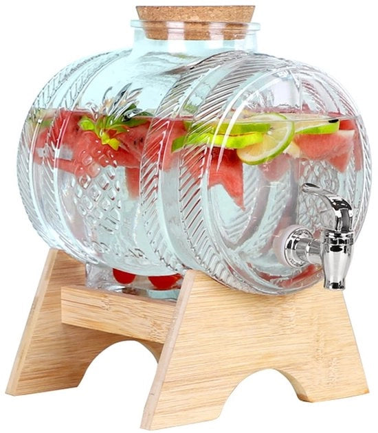 Dispensatore di bibite - vaso di vetro - con rubinetta e supporto in legno - 1 litro - Ideale per feste e eventi
