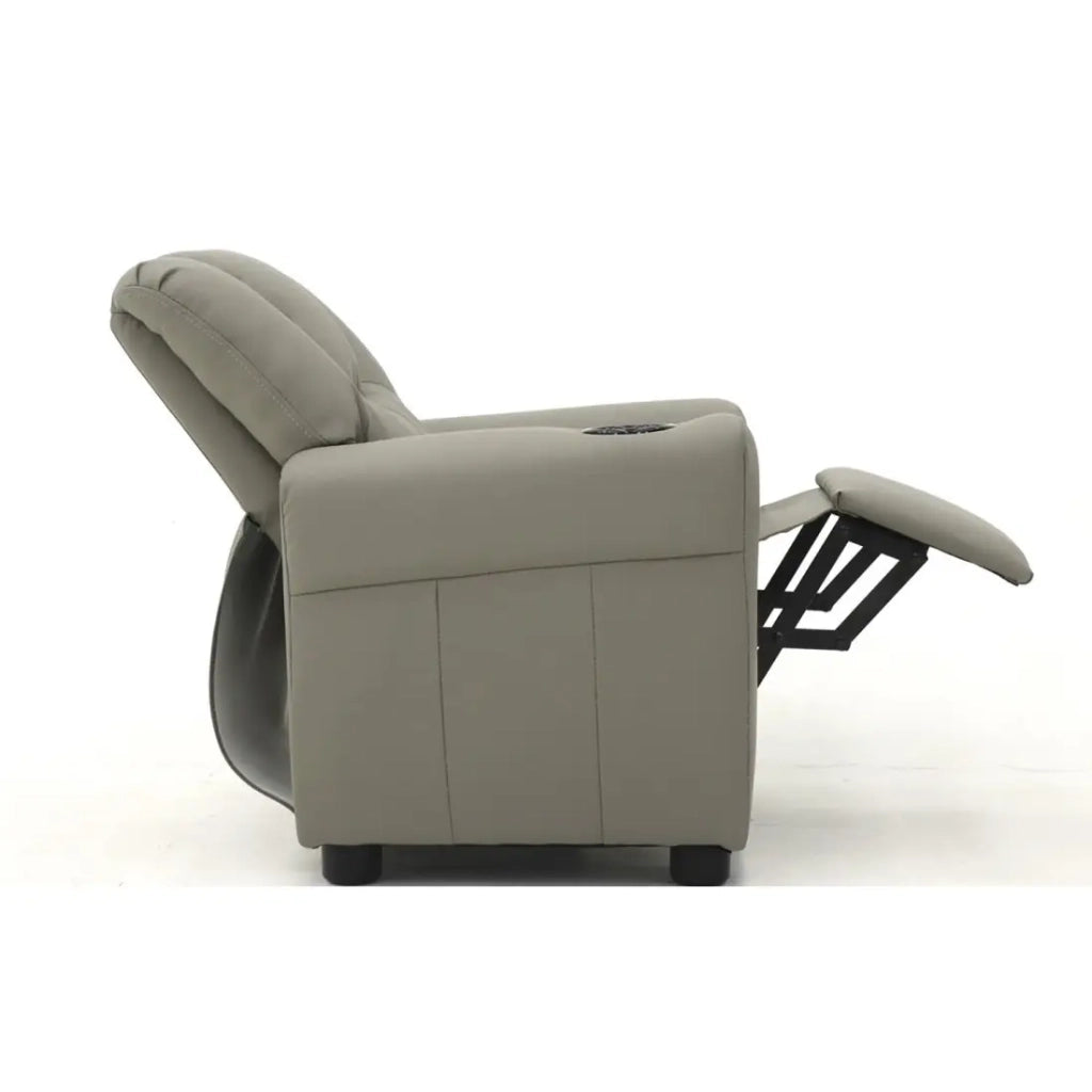 Poltrona relax ITCHI reclinabile manualmente in materiale PU di colore grigio.