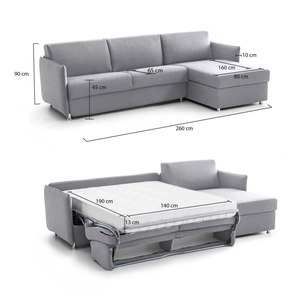 Scordia, Divano Letto con Penisola Sfoderabile Made in Italy, 260x160 cm Grigio