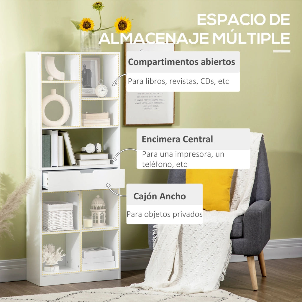 Libreria in Legno con 1 Cassetto e 9 Scomparti ¨C zephmum ¨C 60x26x158 Bianco