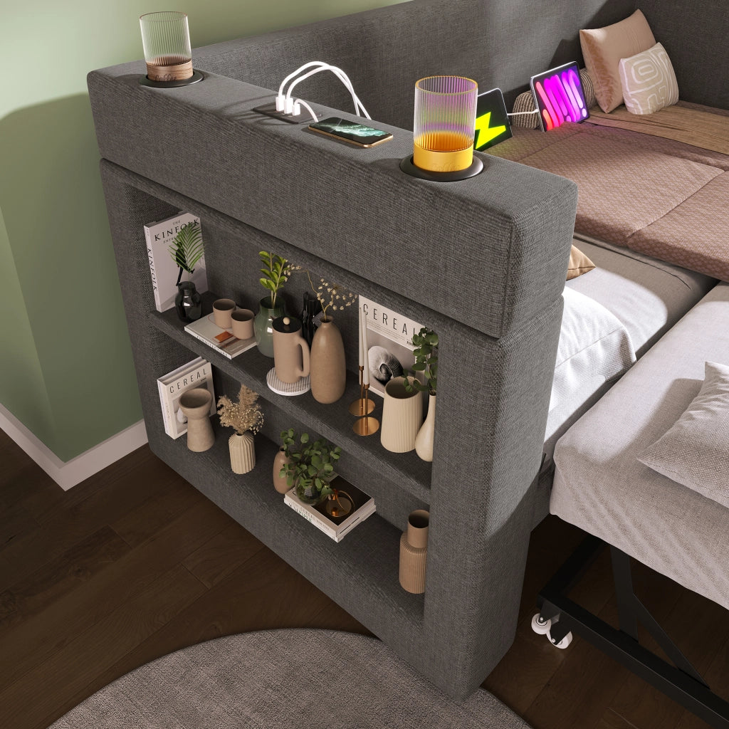 DESMIU Divano letto 90 × 190 cm 2 posti con cassetti, USB e Type-C, portabicchieri, senza materasso, in cotone e lino, grigio