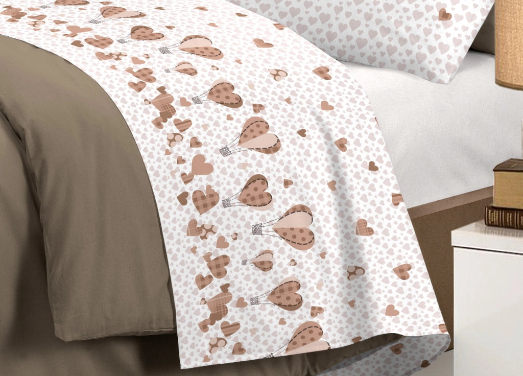 Completo Lenzuola Linea Pensieri Delicati 100% Cotone Disegno Mongolfiera - Singolo - Beige