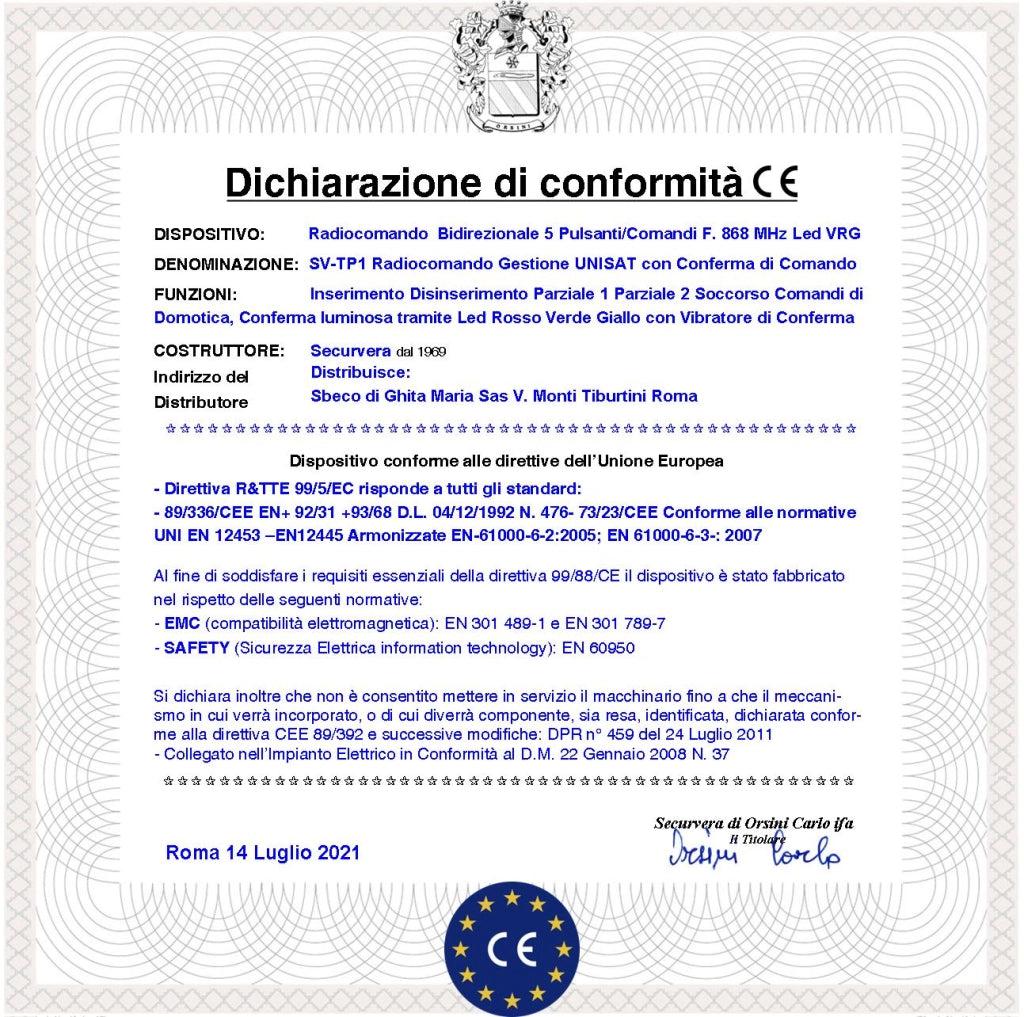 Radiocomando 5 Canali Bidirezionale Frequenza 868 MHz Gestione Semplice della Centrale Unisat2 Attivazione Disattivazione Totale o Parziale Soccorso Panico Domotica 3 Led Indicano le Funzioni Attivate