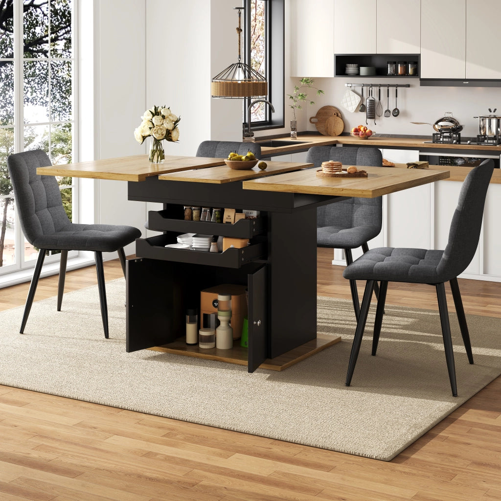 Tavolo da Pranzo per 4 a 6 Persone con 2 Cassetti e 1 Vano Contenitore Allungabile in MDF 110-140x80x76 cm Nero