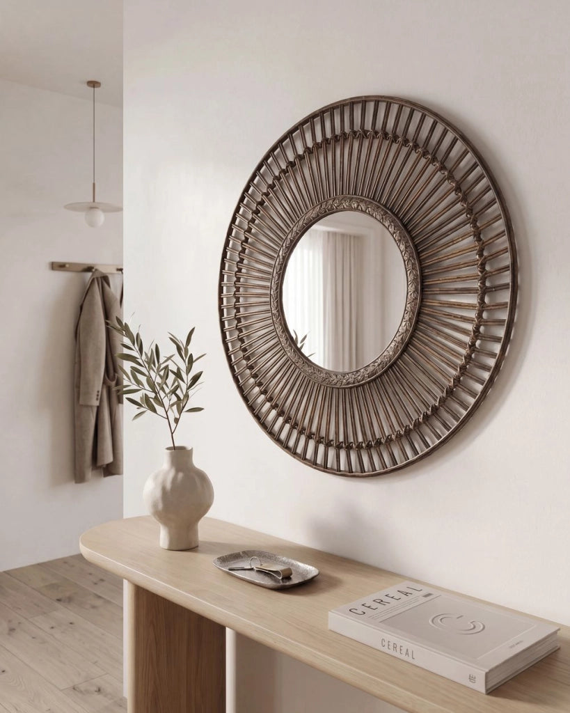 Specchio Rotondo Decorativo in Legno Scuro Stile Boho ø 66 cm rustico tradizionale soggiorno camera da letto