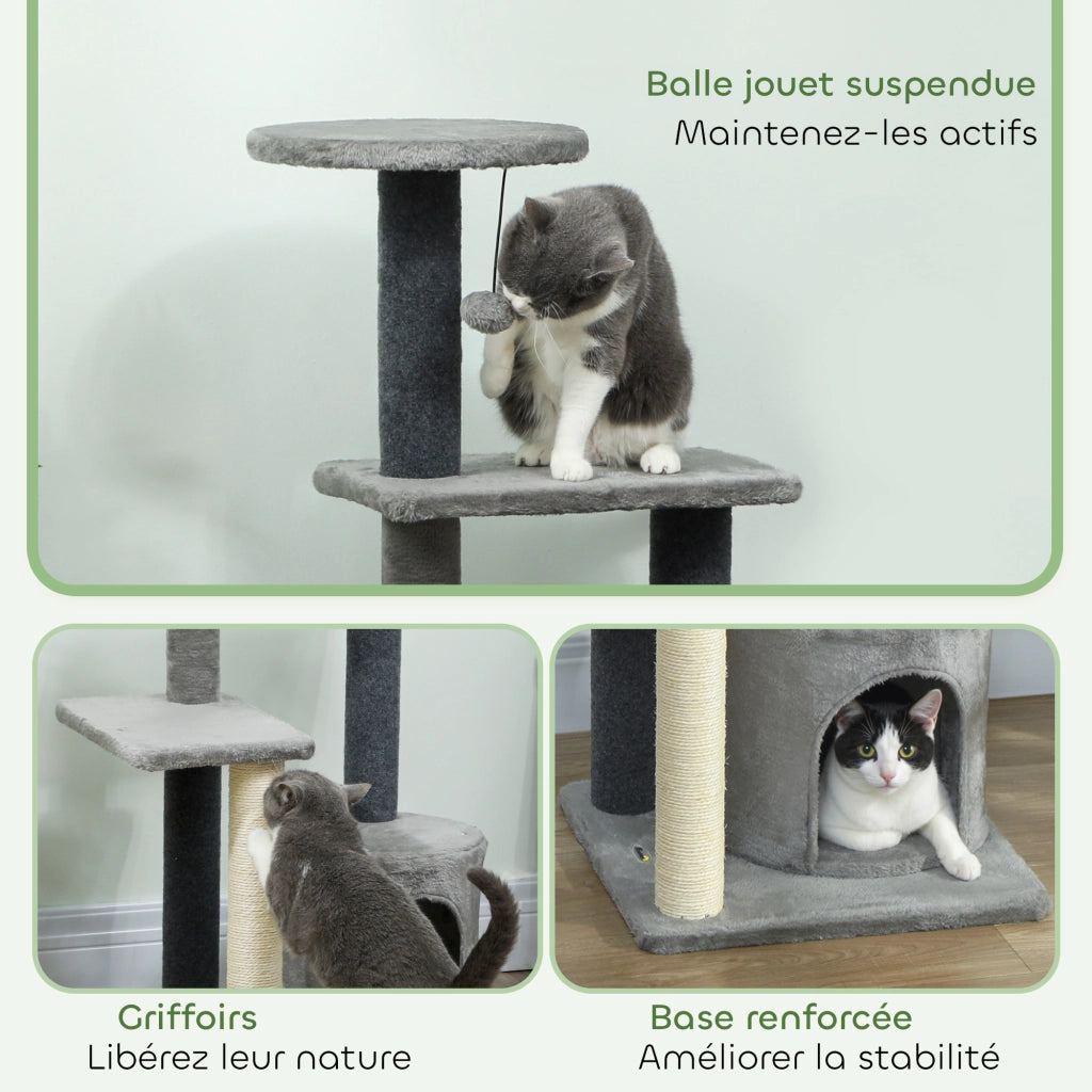 Arbre ¨¤ Chat con Piattaforme, Tana e Palla in Peluche, Paletti in Sisal ¨C zephmum ¨C Grigio 103 cm
