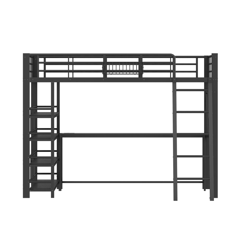 Letto a soppalco 140 × 200 cm con scrivania, ripiani, cesto portaoggetti, USB et LED, senza materasso, nero