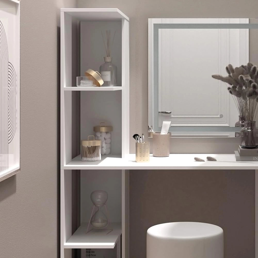 Vicco Tavolo da toilette Tower, Bianco, 122.2 cm con illuminazione e sgabello, Superfici decorative per profumi e oggetti preferiti