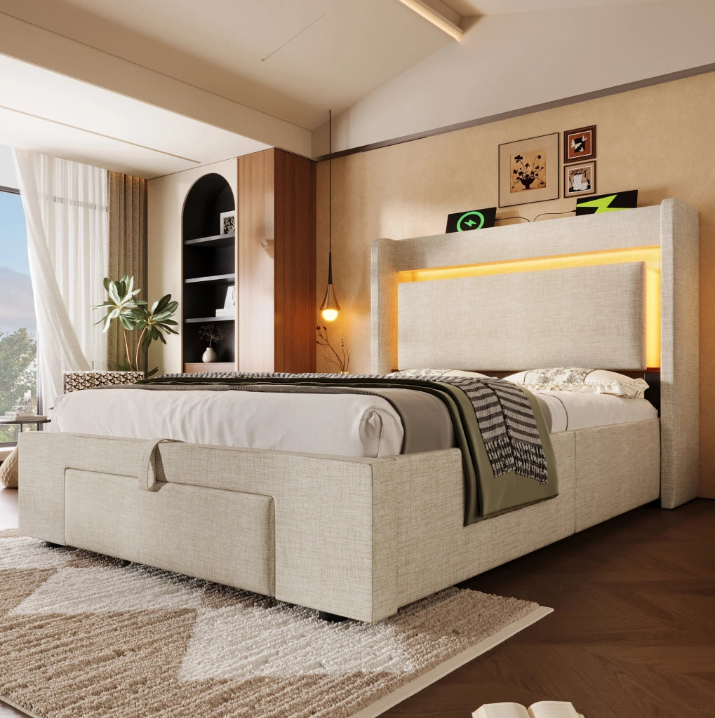 Letto imbottito beige con contenitore, testiera attrezzata e LED