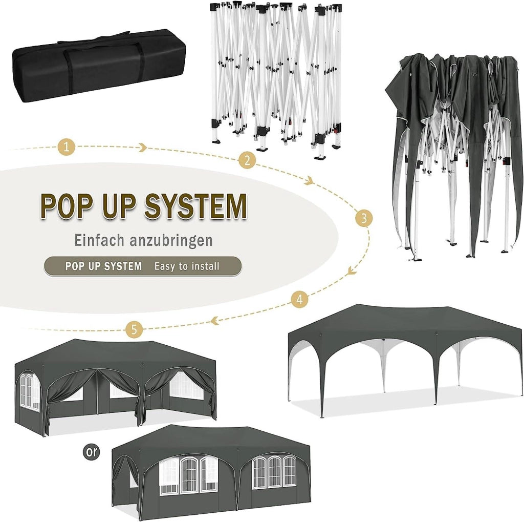 GAZEBO 3x6 m Grigio con 6 pareti laterali, tessuto Oxford 210D