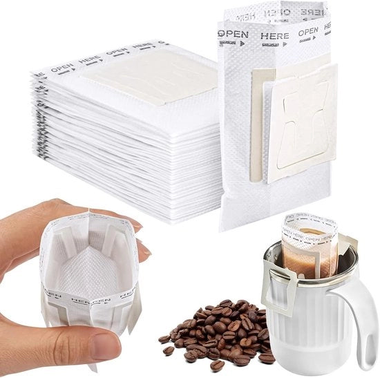 Filtro per caffè portatile in carta, 40 pezzi - Sacchetto per caffè da gettare - Qualità alimentare - Sacchetto per caffè con drizzle appeso - Utilizzo in casa, ufficio, viaggi, campeggio - Bianco