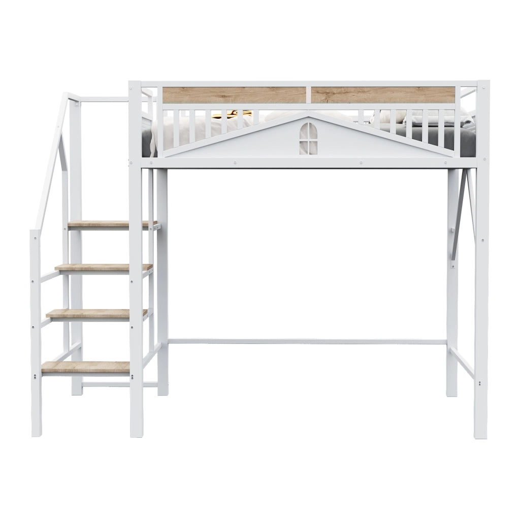 Letto a castello metallo e legno bianco con scala di sicurezza e spazio di stoccaggio 140x200 cm