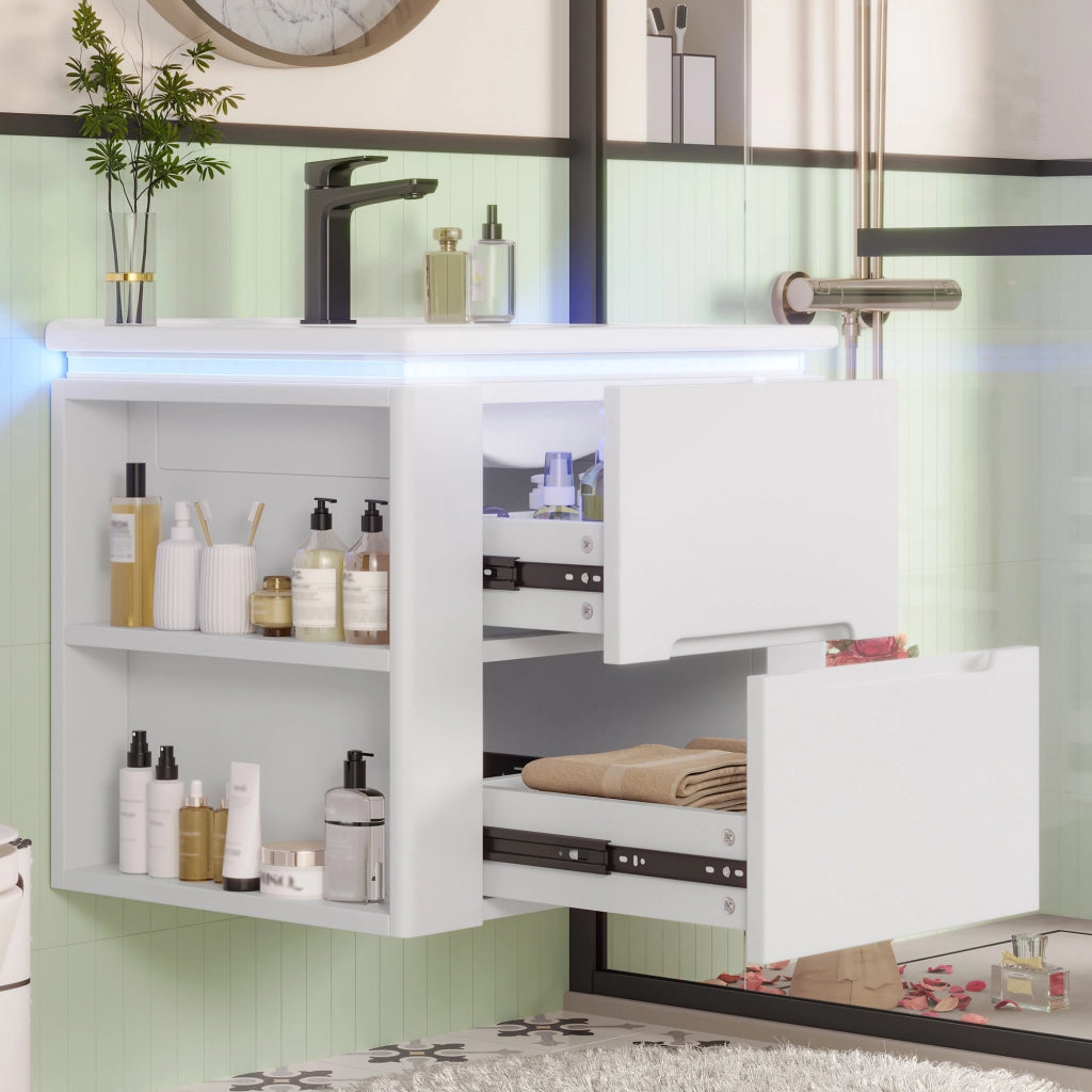 Mobile sottolavabo sospeso con lavabo in ceramica, 2 cassetti, illuminazione a sensore LED, bianco 61 × 46 × 48.5 cm
