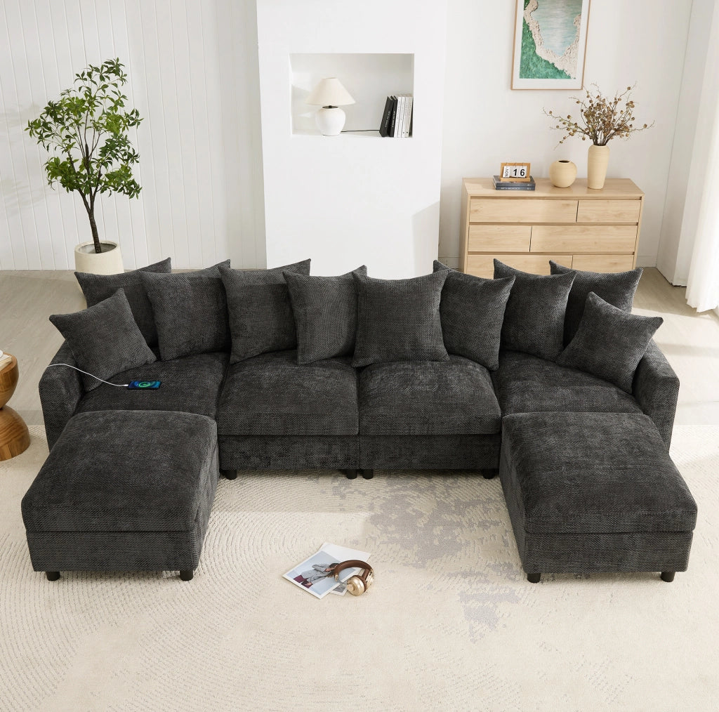 Divano angolare modulare 6 posti a U/L 283 cm in chenille grigio con porte USB e Type-C