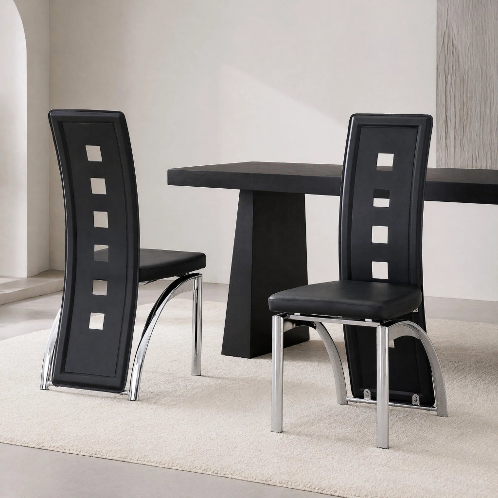 Set 2 sedie da pranzo moderne con schienale traforato; PU nero e metallo argentato; 102;5 cm