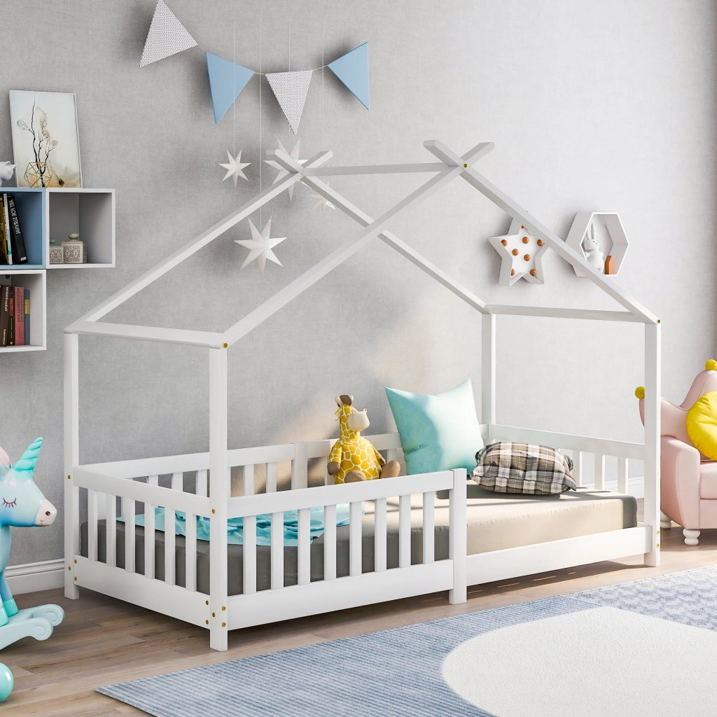 Letto Casetta 90x200 cm - con Sponda e Rete a Doghe - in Legno Massello - Bianco
