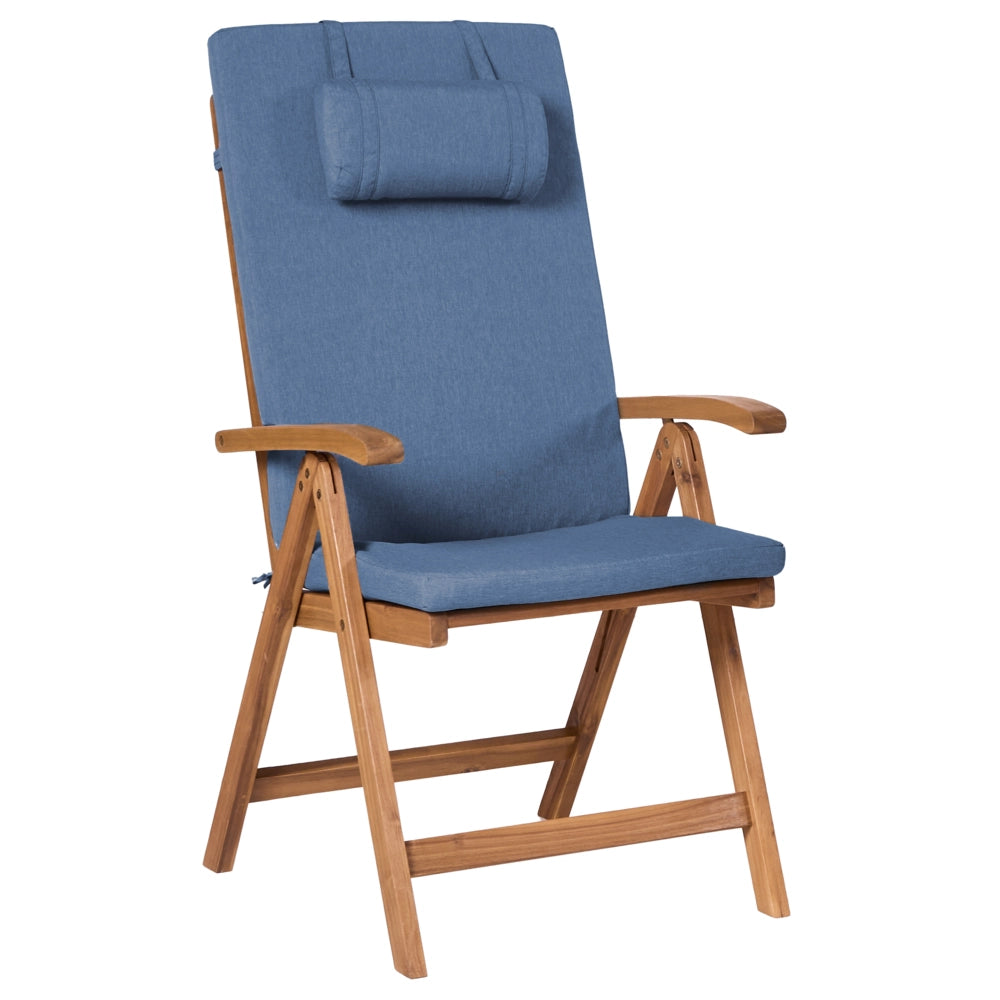 Set da giardino in stile rustico con tavolo in legno di acacia 2 sedie pieghevoli e cuscini blu