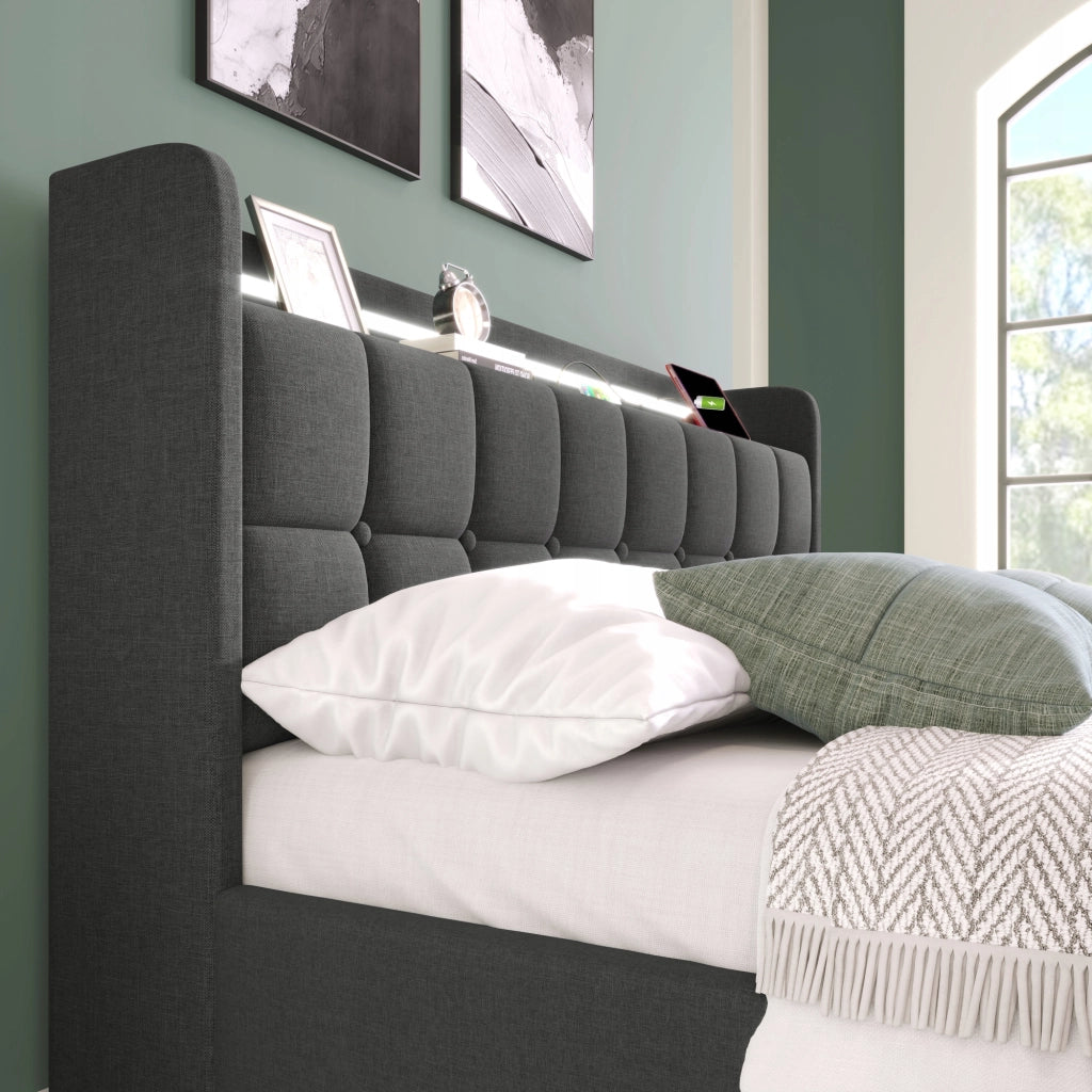 Letto imbottito con USB, LED e 4 cassetti - Xylo - 180x200 - Grigio