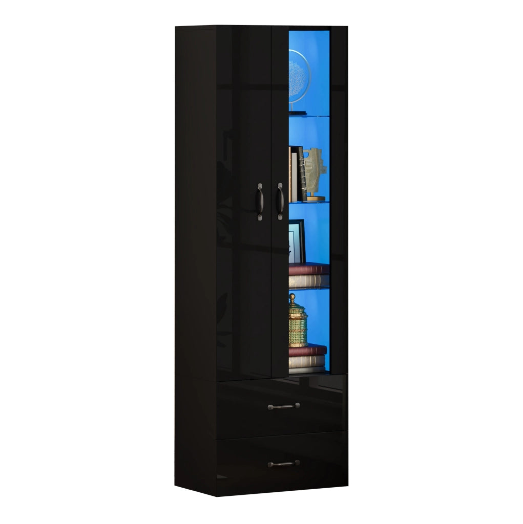 Vetrina moderna con LED e 2 cassetti; 2 ante; 60 x 35 x 182;5 cm; nero