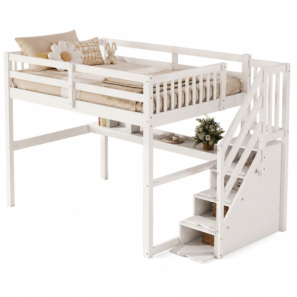 Letto a soppalco 140x200 cm con scrivania e cassetti contenitore; bianco