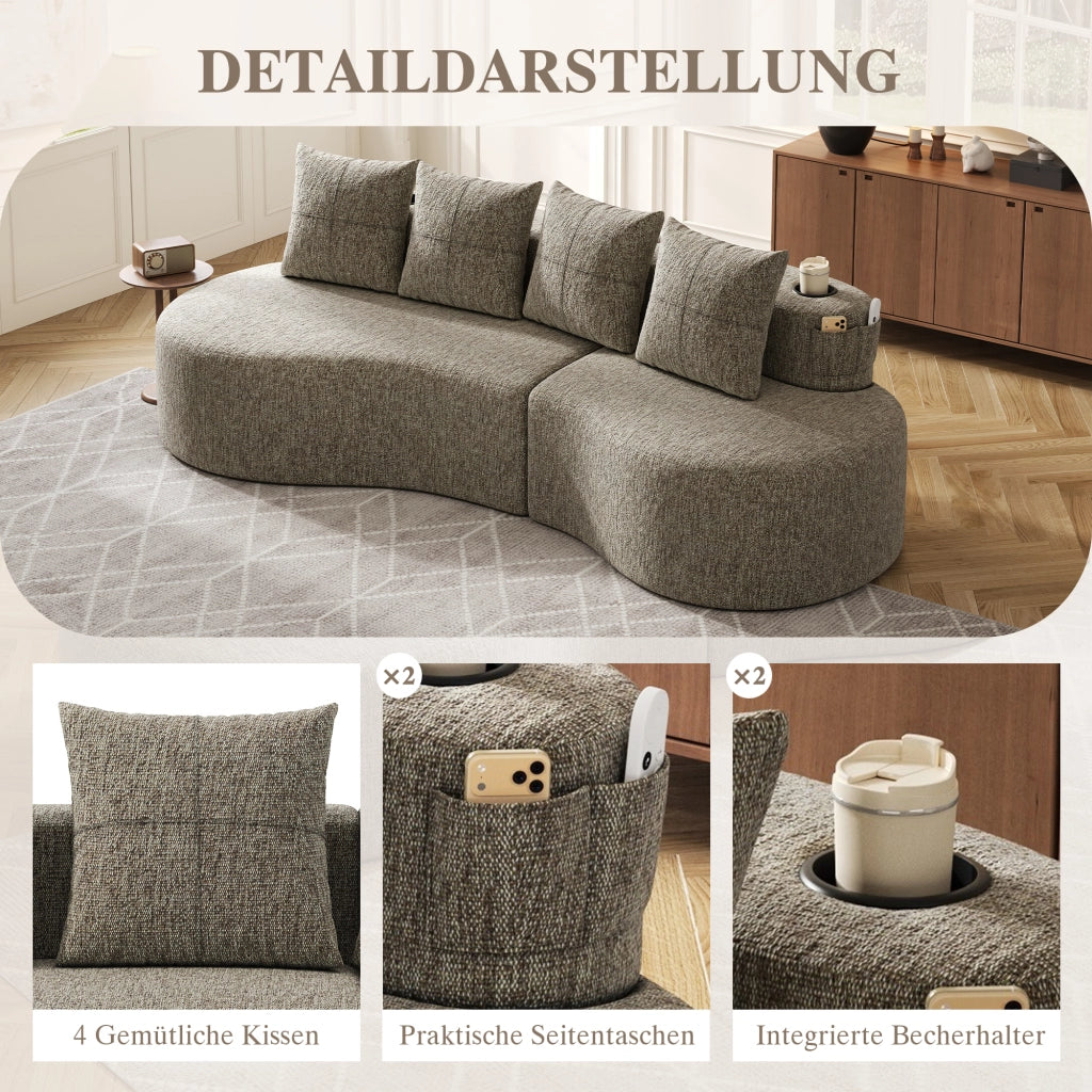 Divano in lino con portabicchieri, tasche laterali e 4 cuscini, seduta ampia e comfort quotidiano, khaki