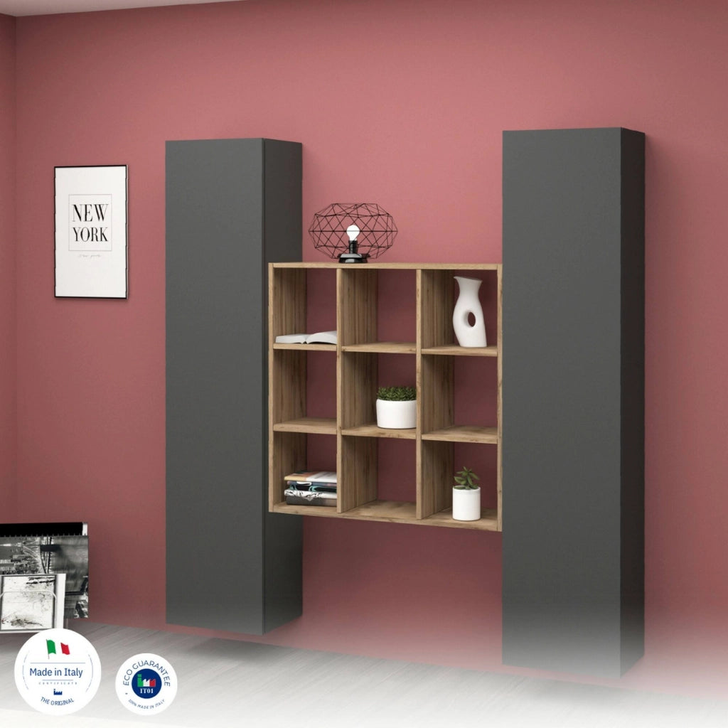 Madia Acerenza, Credenza 16 Ripiani Made in Italy, 40x30x180h cm Nero Antracite