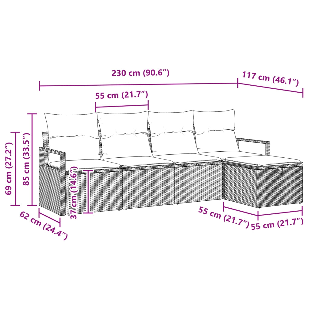Set Divano da Giardino 5 Pezzi con Cuscini Nero Polyrattan
