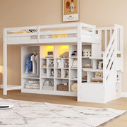 OKWISH Letto a Soppalco Singolo con Contenitore, Scaffali, Armadio e LED, 90 x 200 cm, senza Materasso, Bianco