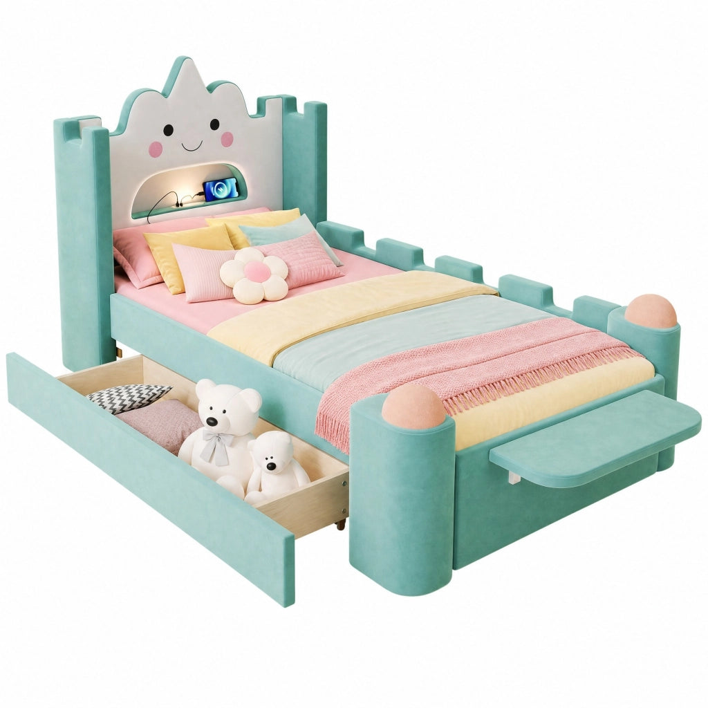 Letto singolo per bambini 90x200 cm imbottito con luce LED; USB e cassetto blu-verde HOMVRA