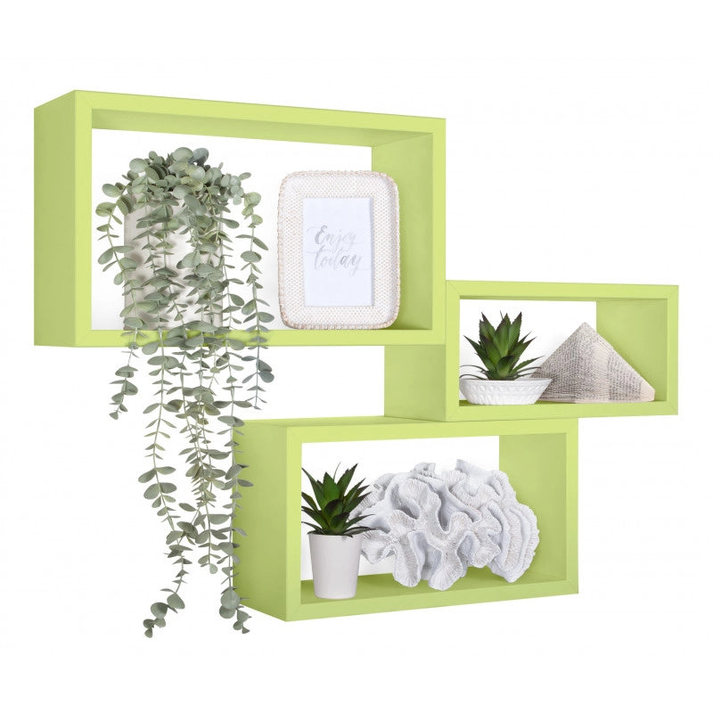 Set di 3 Mensole da Muro, Libreria Sospesa, Libreria Parete, Scaffale Parete, Verde, 45x27 p15,5 cm, 40x22 p15,5 cm e 35x17 p15,5 cm - Trittico