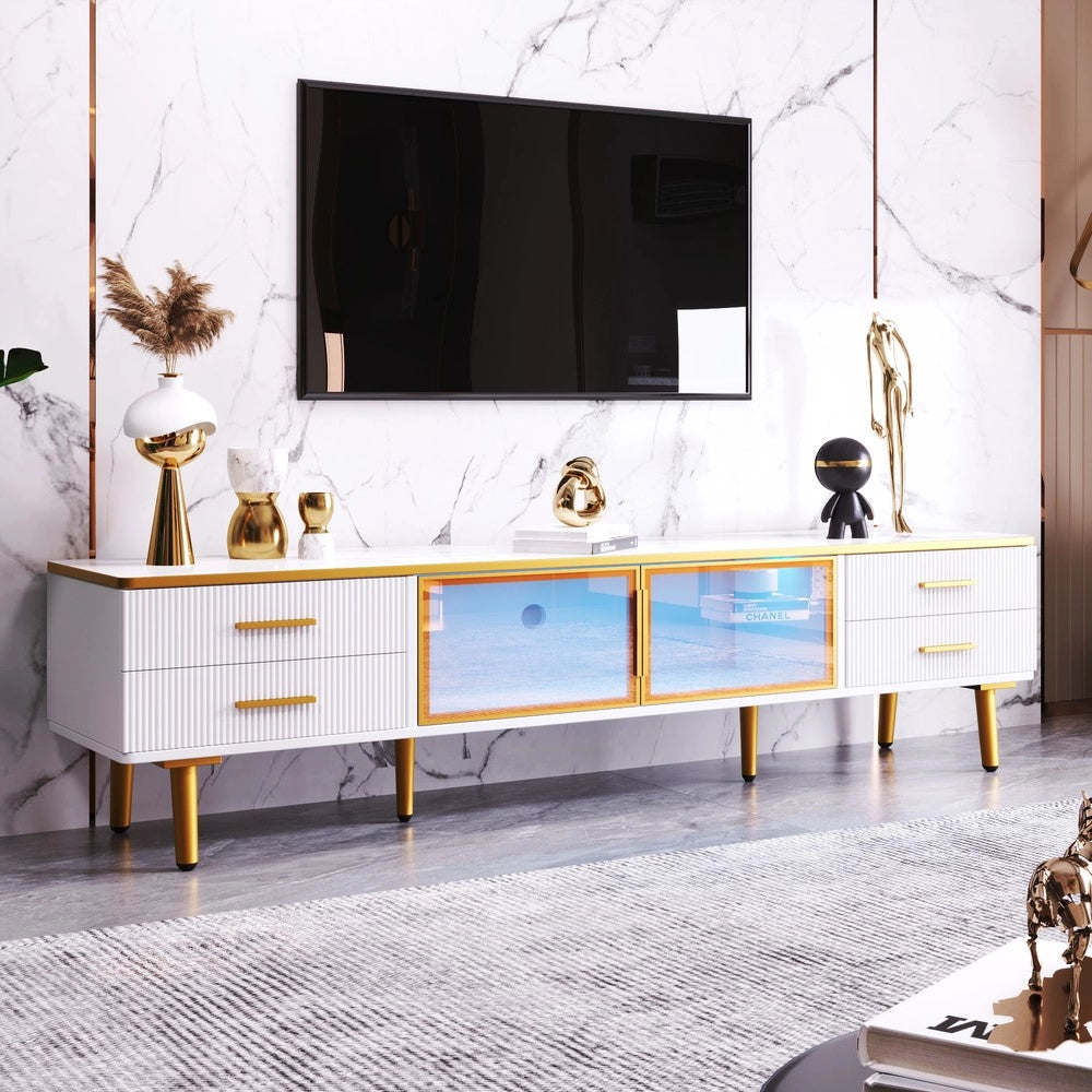 Mobile TV con LED ¨C Xylo ¨C Marmo, Cassetti, Ante in Vetro Marrone, 170x37x47,5 cm