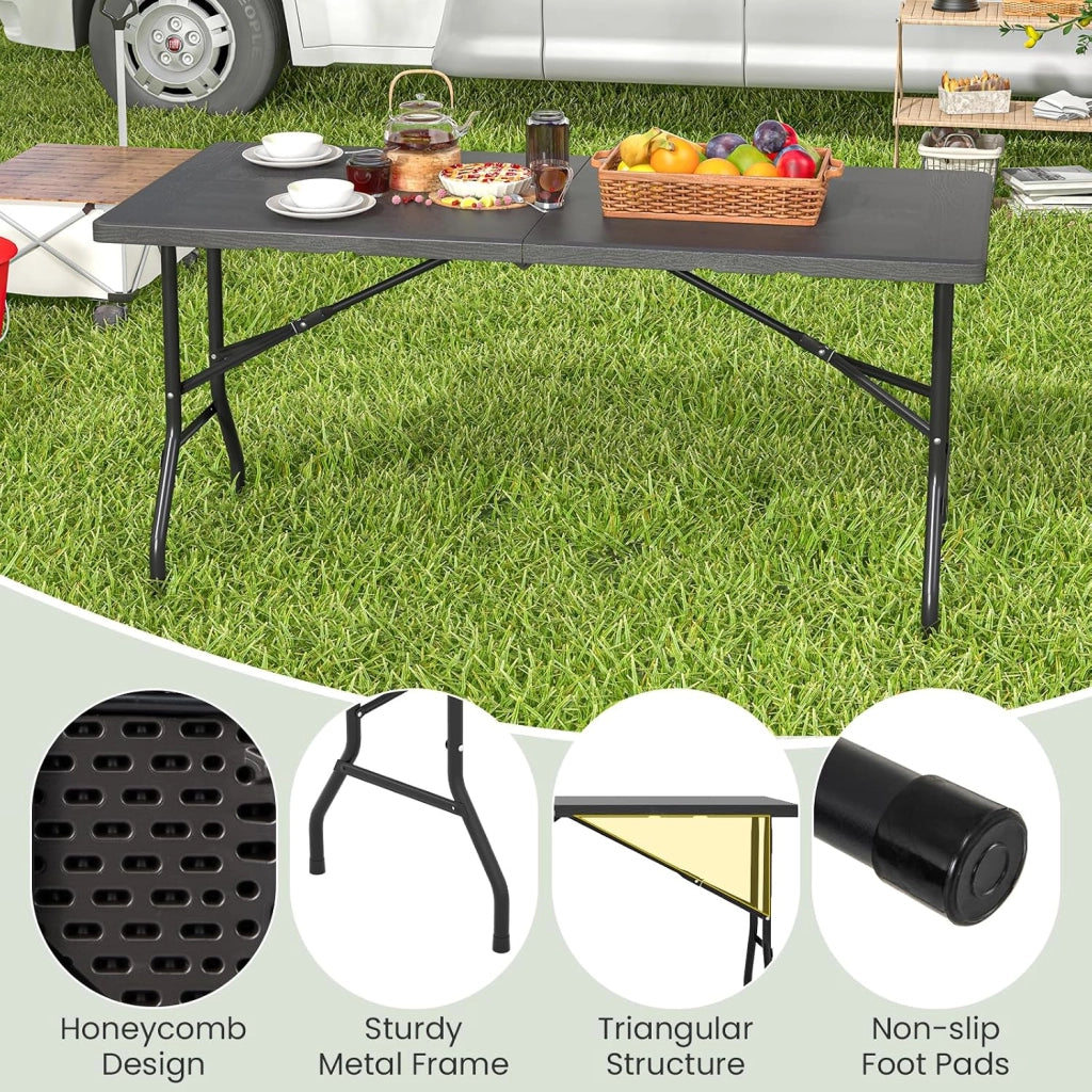 Tavolo pieghevole da campeggio, tavolo portatile in HDPE con telaio in metallo, tavoli da picnic con carico di 180 kg, maniglia di trasporto, per spiaggia, feste, barbecue, 152 x 70 x 74 cm