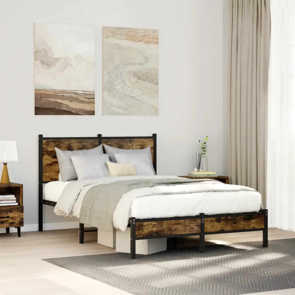 Letto matrimoniale | Letto per adulti | Giroletto senza Materaso in Metallo Rovere Fumo 120x200 cm