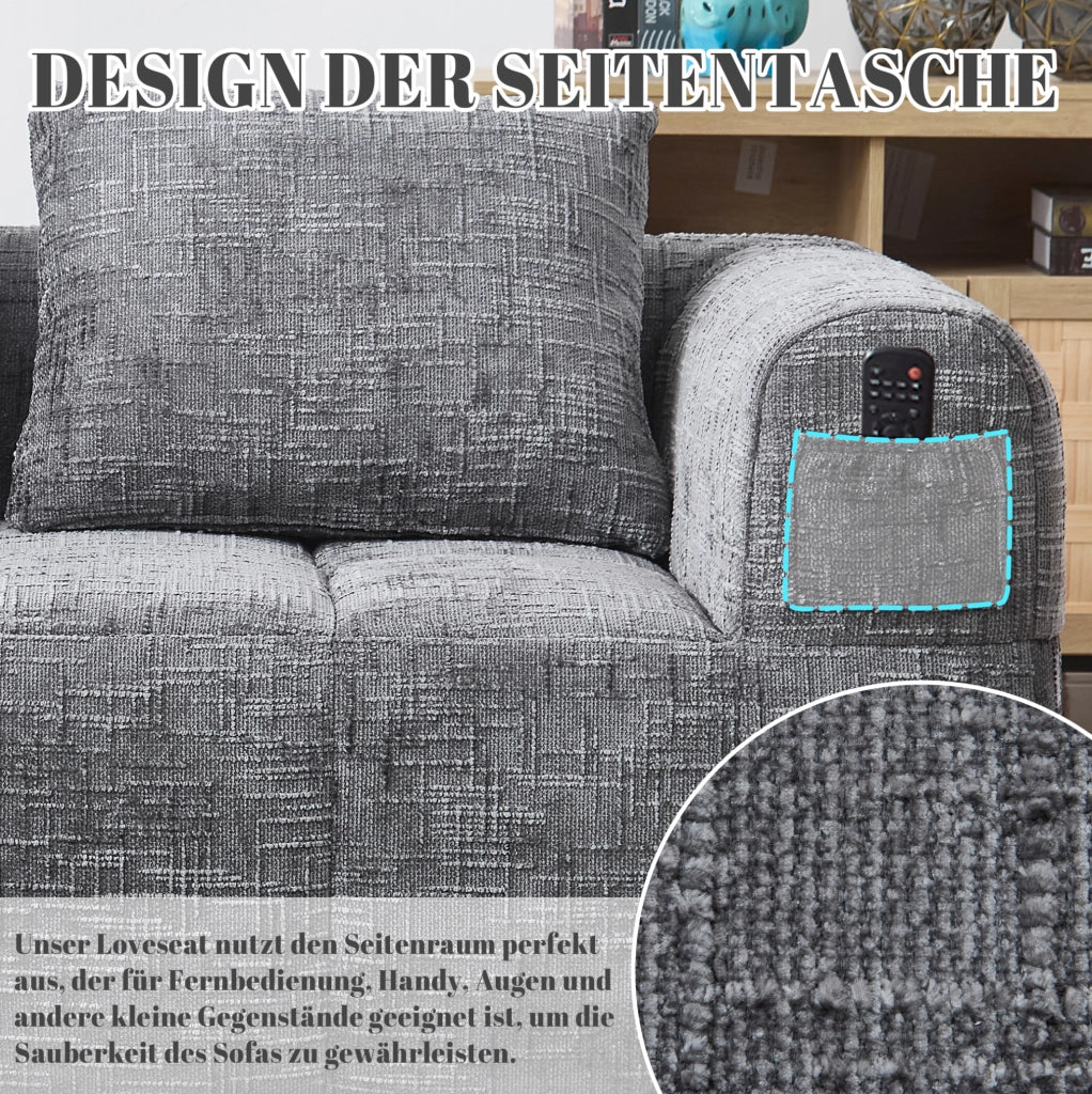 Divano chaise longue in ciniglia grigio con tasche laterali