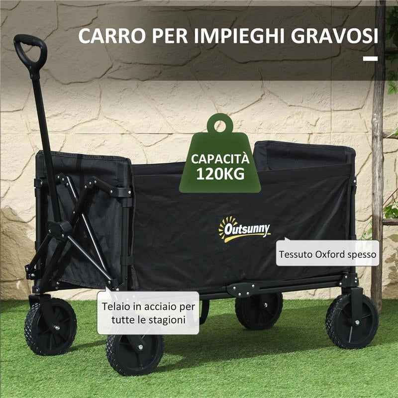 CARRELLO DA GIARDINO DA 120L PIEGHEVOLE CON PANNELLO APRIBILE IN ACCIAIO  90X48X62 CM NERO
