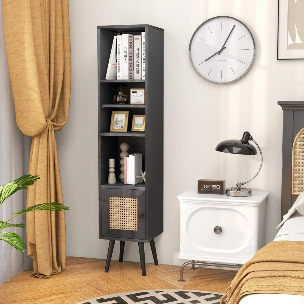 Libreria Scaffale con Anta in Rattan Naturale, Scaffale Legno in Stile Boho con 3 Ripiani Regolabili in 12 Posizioni, per Soggiorno Cucina e Camera da Letto, 29,5 x 29,5 x 137 cm (Nero)