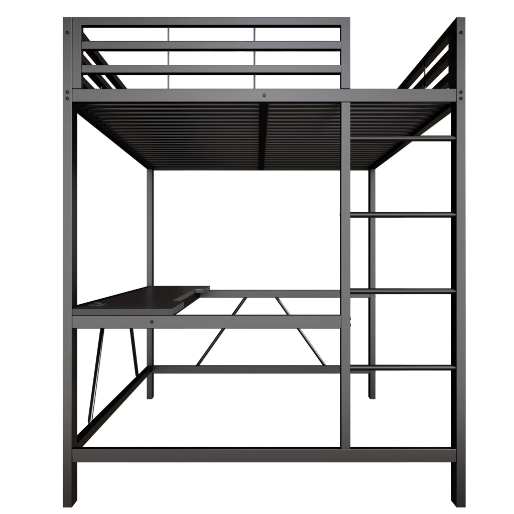 Letto a soppalco 140 × 200 cm con scrivania, LED e protezione rialzata, senza materasso, nero