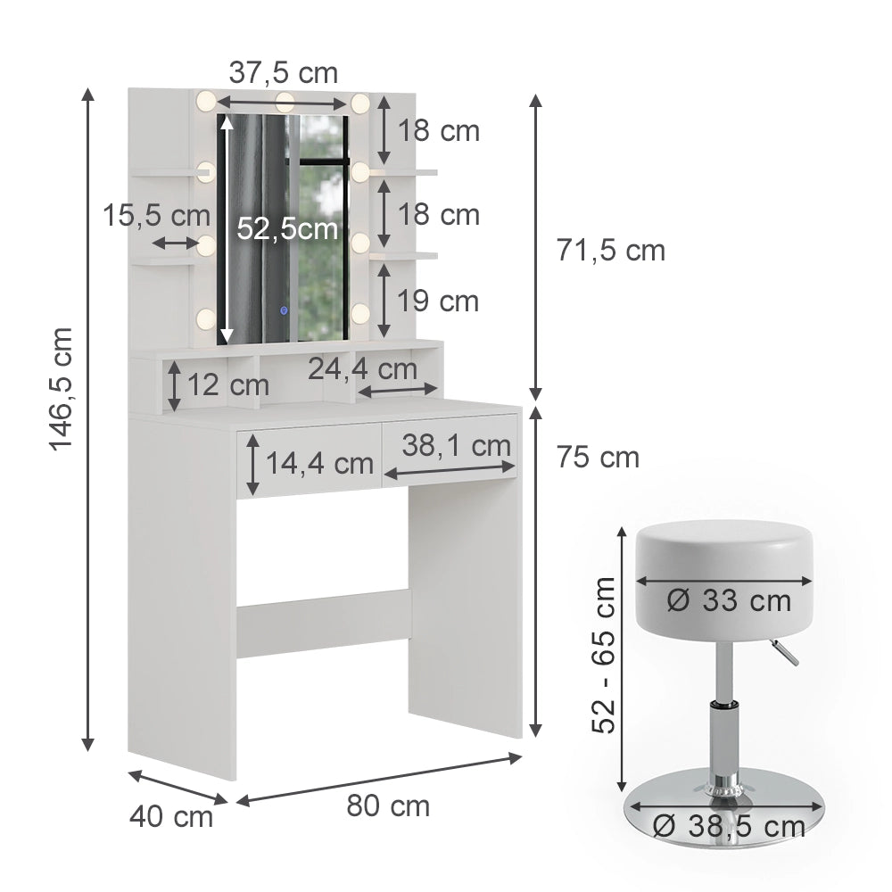 Vicco Tavolo da toeletta Bianco 80 cm con illuminazione LED e sgabello