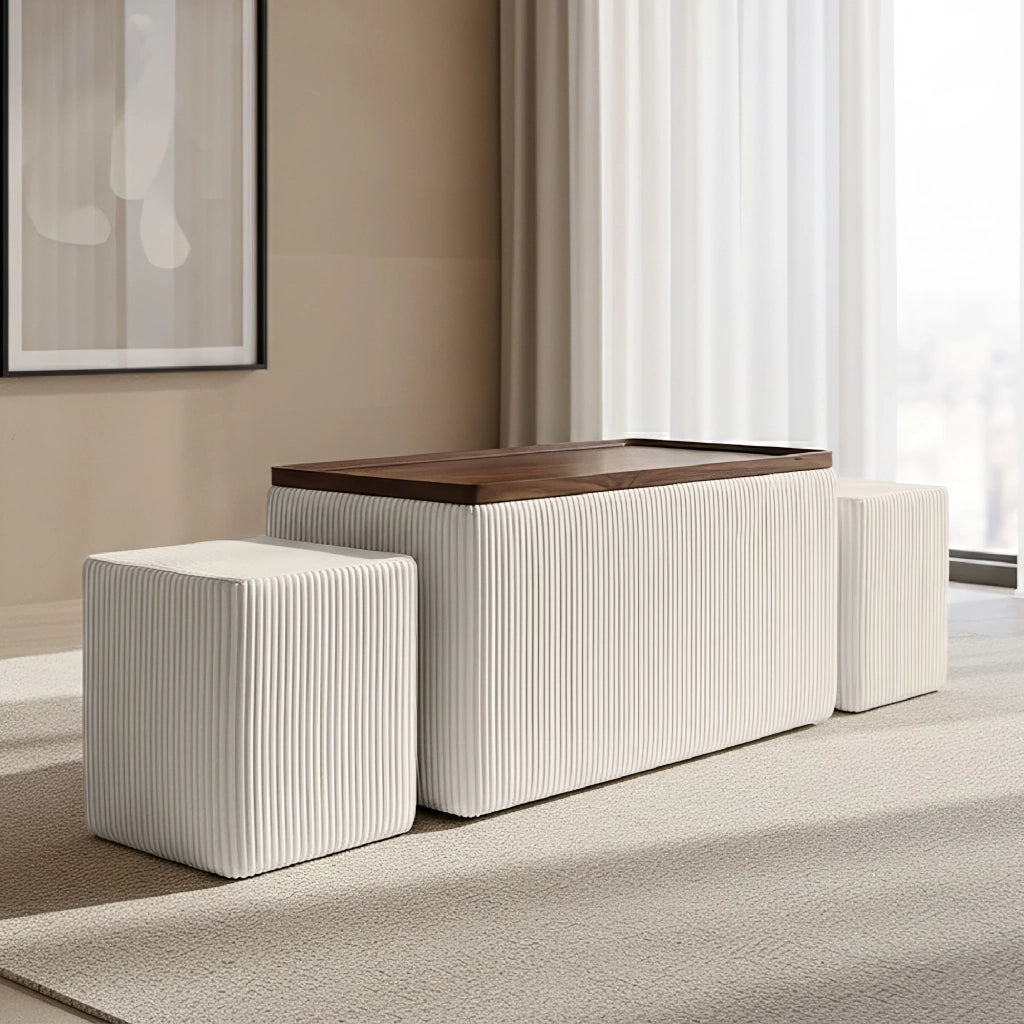 Set 3 Pouf Contenitore Quadrati con Tavolino Rettangolare da Salotto in Velluto e Coperchio in Legno, 2 Pouf Interni Salvaspazio, Tavolino Contenitore Moderno,Poggiapiedi, Seduta Imbottita Beige