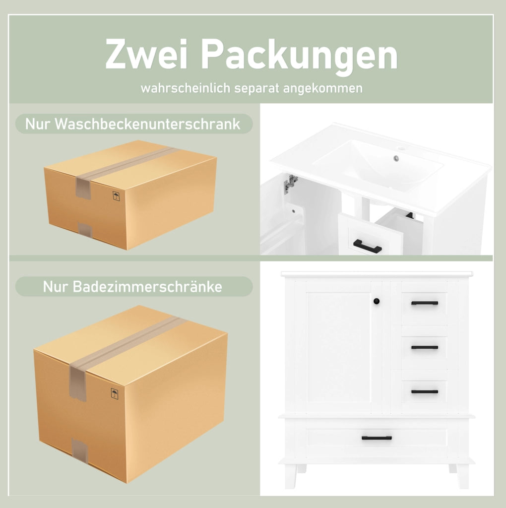 Mobile bagno freestanding 76x46x83,5 cm con lavabo in ceramica, 3 cassetti, bianco