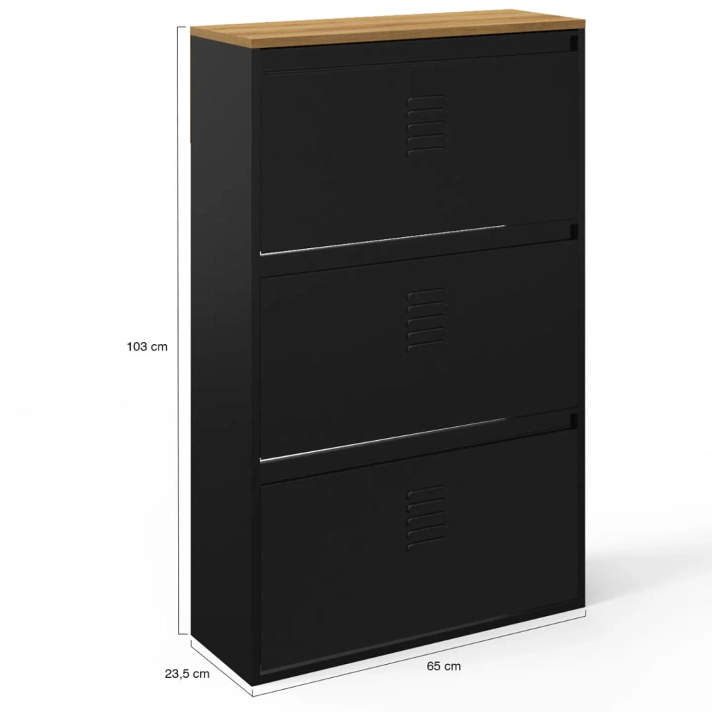 IDMarket - ESTER Zapatero de 3 puertas y 18 pares de metal negro con tapa de madera de diseño industrial