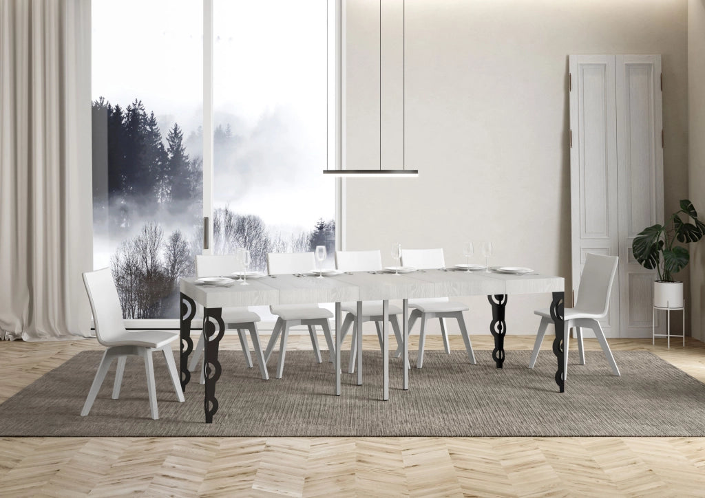 Tavolo allungabile 90x90/246 cm Karamay Premium Bianco Frassino telaio Antracite
