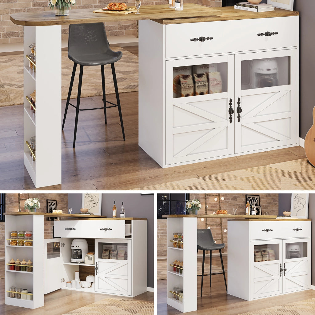 Tavolo Bar Estensibile con 1 Cassetto; 3 Ripiani e Rotazione a 360°; in MDF; Bianco; 138-204 x 39 x 104 cm