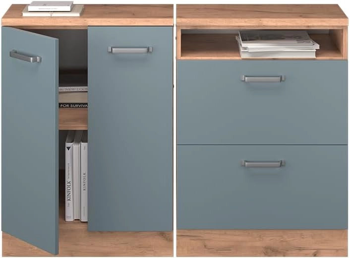 Set di mobili sottotetto Rion, Grigio-blu, 120 cm Set di 2 carcasse armadio profondità 60 cm, adatto per il salvaspazio sotto tetti spioventi