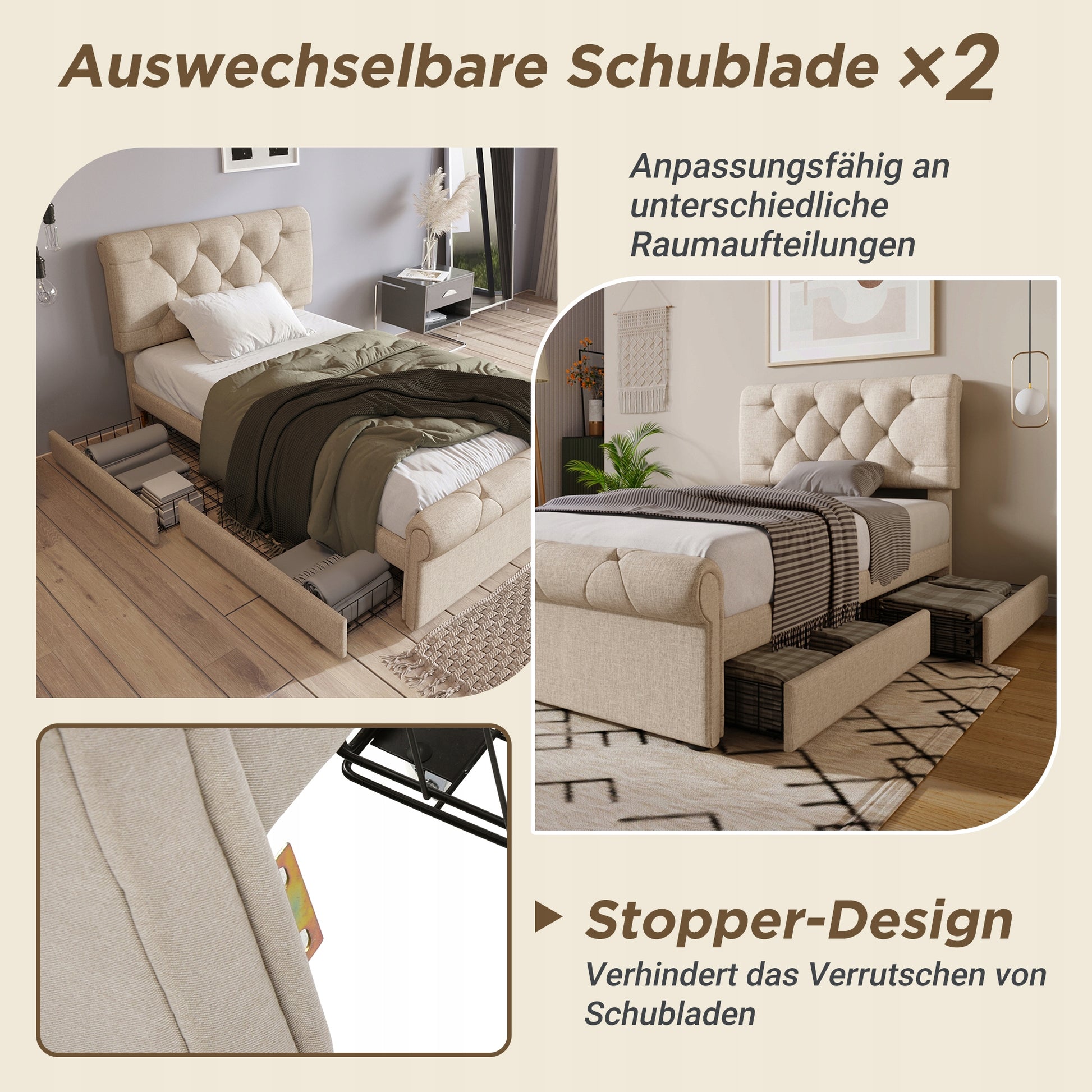 Letto a una piazza e mezza con 2 cassetti - Xylo - 90x200 - Chesterfield in tessuto naturale