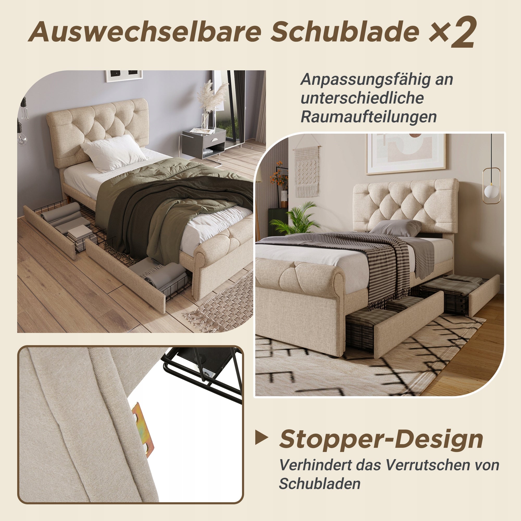 Letto a una piazza e mezza con 2 cassetti - Xylo - 90x200 - Chesterfield in tessuto naturale