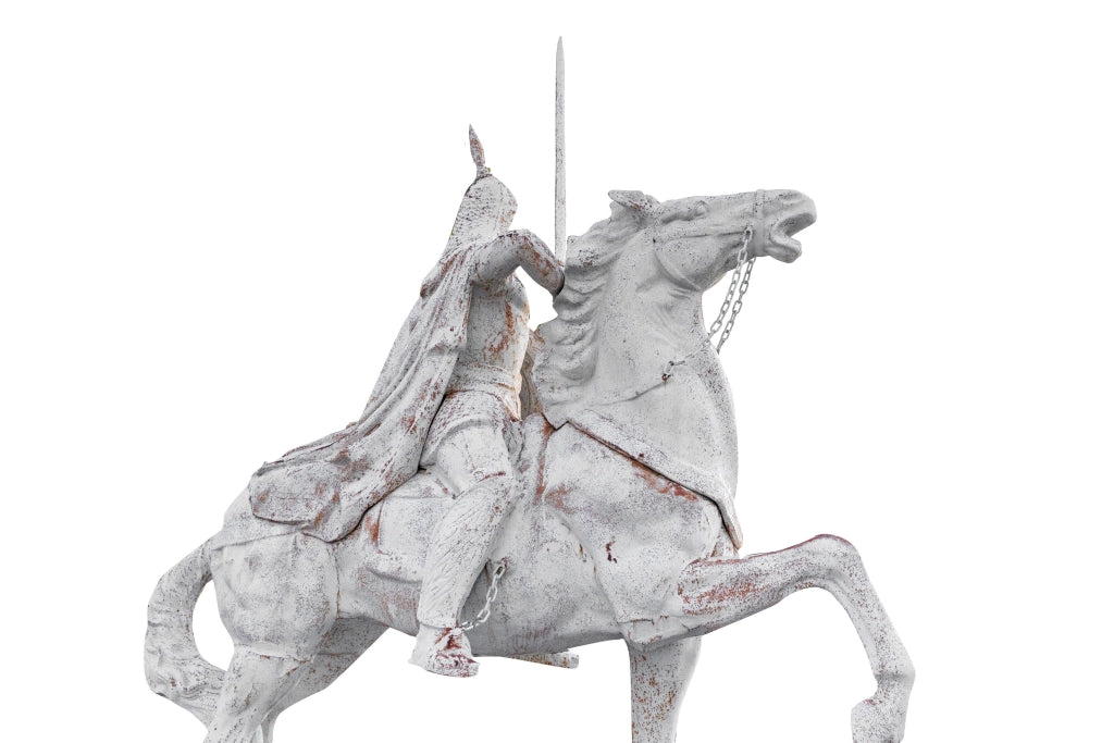 Biscottini Guerriero a cavallo in fusione di ghisa finitura bianca anticata Statua