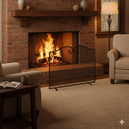 Parascintille per Camino 70x56 cm Bordo Superiore a Spirale doppia in Ferro Verniciato Grigio Martellato