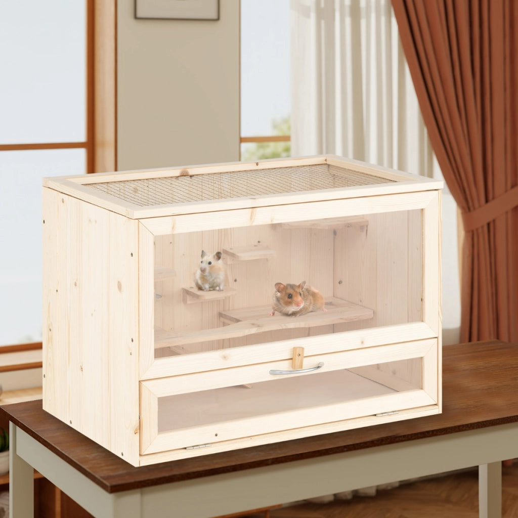 Gabbia in legno per criceto con tetto ribaltabile in rete, Vasca per animali piccoli con pannello in acrilico Naturale-Altri animali